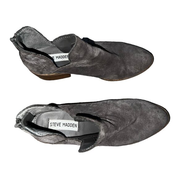 Steve Madden Lancaster Gray Leather Wooden Heel Boots Sz 7 Womens Zip Back - Picture 10 of 15